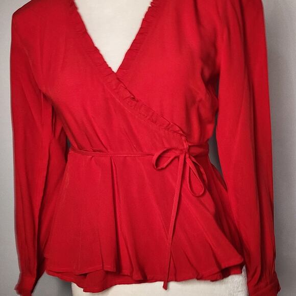Loft Red Long Sleeve Wrap Blouse Top XXS Petite - Picture 2 of 7